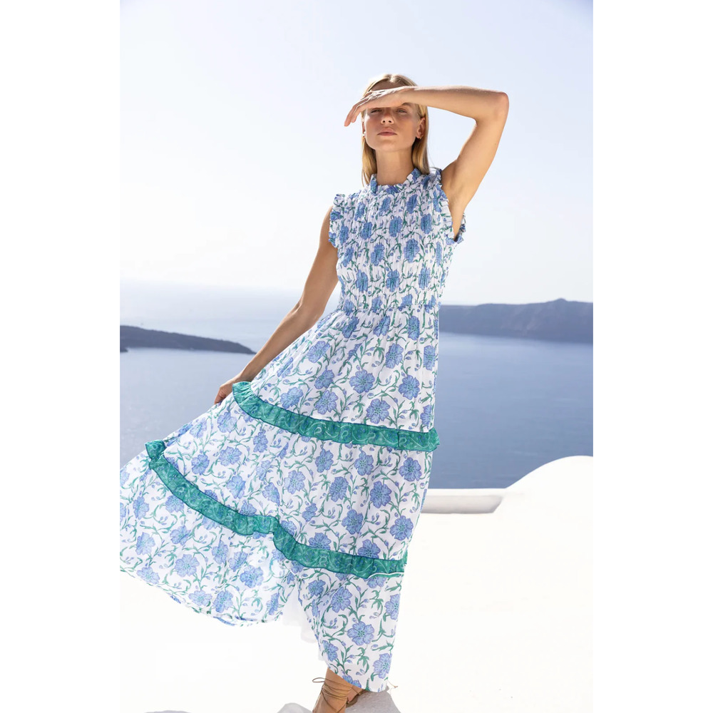 OLIPHANT Tuckernuck Poppy Blue Block Print Sleeveless Smocked Maxi Dress NEW S - Picture 6 of 12